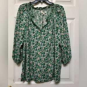 MAX STUDIO TOP TUNIC SIZE 1X GREEN FLOWERED V NECK 3/4 SLEEVES PULL OVER